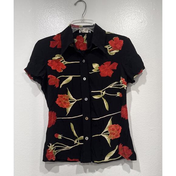 Vintage Tessuto Floral Print Top Women’s Petite P Black Red Button Front Boho - Picture 1 of 8